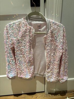 Girls Sequin Bomber Jacket, Light Pink/White, Size L (10/12)